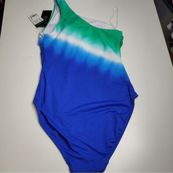 NEW RALPH LAUREN ONE SHOULDER BLUE GREEN OMBRE PIECE SWIMSUIT 4 NWT - Picture 3 of 10